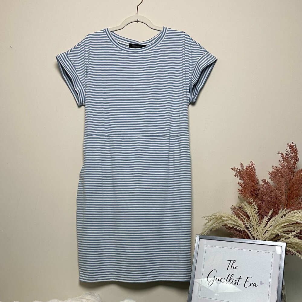 MeroKeety White and Blue Striped Dress with Pockets and Sash